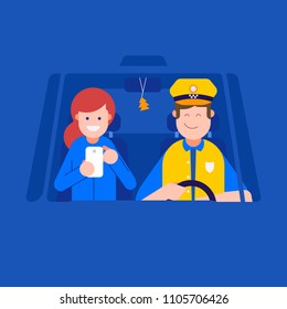 Booking taxi online service concept. Smiling taxi driver man driving the cab and woman passenger with smartphone inside cabin.