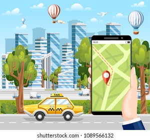 Booking taxi via mobile app. City skyscrapers, airplane ,air balloon and cars on the background. Flat cartoon style. Modern city concept.