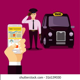 Booking taxi via mobile app. Vector flat illustration