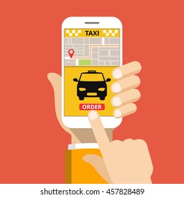 Booking taxi via mobile app. Vector flat illustration.