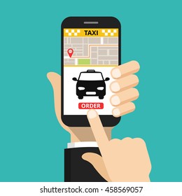 Booking taxi via mobile app. Vector flat illustration.