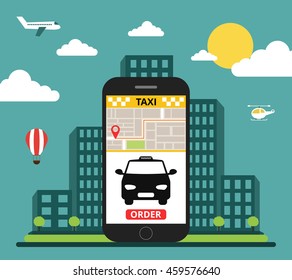 Booking taxi via mobile app. Vector flat illustration.