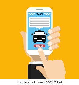 Booking taxi via mobile app. Vector flat illustration.