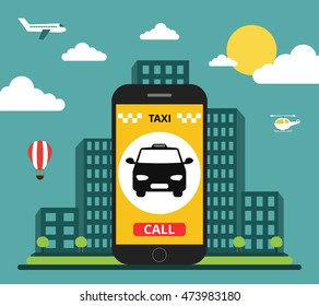 Booking taxi via mobile app. City skyscrapers on the background. Vector flat illustration.