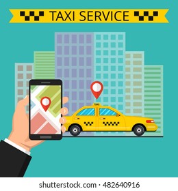 Booking taxi via mobile app. City skyscrapers and car on the background. Vector flat illustration.