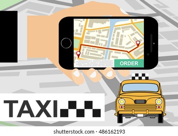 Booking taxi via mobile app. Vector flat illustration.