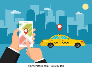 Booking taxi via mobile app. City skyscrapers and car on the background. Vector flat illustration.