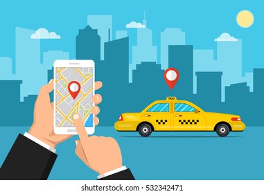 Booking taxi via mobile app. City skyscrapers and car on the background. Vector flat illustration.