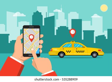 Booking taxi via mobile app. City skyscrapers and car on the background. Vector flat illustration.