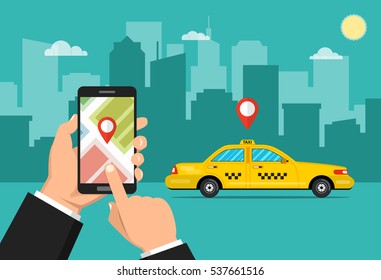 Booking taxi via mobile app. City skyscrapers and car on the background. Vector flat illustration.