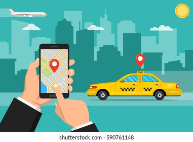 Booking taxi via mobile app. City skyscrapers and car on the background. Vector flat illustration.