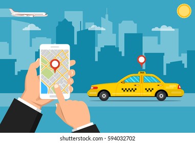 Booking taxi via mobile app. City skyscrapers and car on the background. Vector flat illustration.