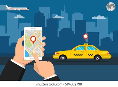 Booking taxi via mobile app. City skyscrapers and car on the background. Vector flat illustration.