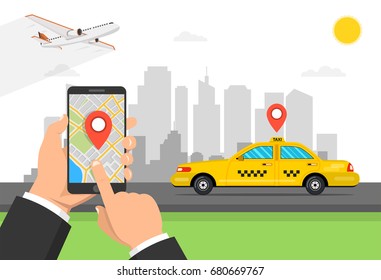 Booking taxi via mobile app. City skyscrapers, airplane and car on the background. Flat cartoon style. Vector illustration.