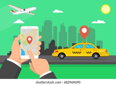 Booking taxi via mobile app. City skyscrapers, airplane and car on the background. Flat cartoon style. Vector illustration.