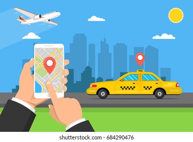 Booking taxi via mobile app. City skyscrapers, airplane and car on the background. Flat cartoon style. Vector illustration.
