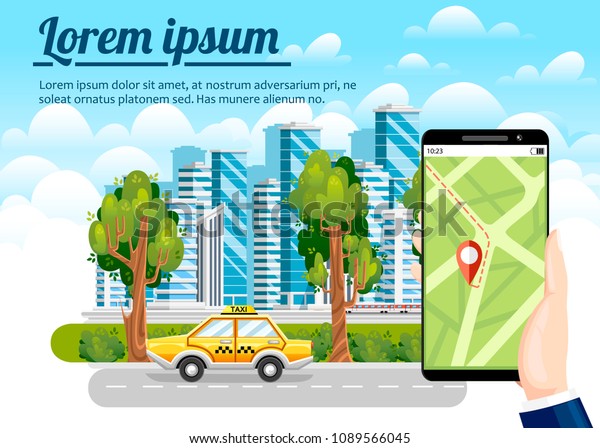 Booking taxi via mobile app.\
City skyscrapers, airplane ,air balloon and cars on the background.\
Flat cartoon style. Modern city concept with place for your\
text.
