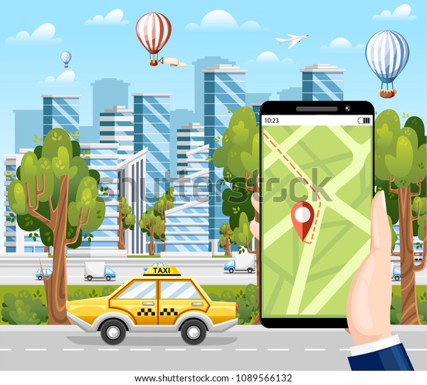 Booking taxi via mobile app. City skyscrapers,\
airplane ,air balloon and cars on the background. Flat cartoon\
style. Modern city\
concept.