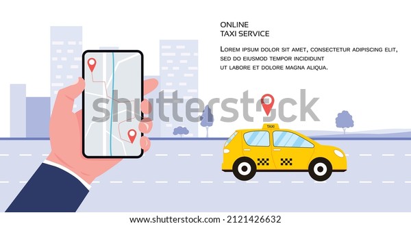 Booking taxi via mobile app.\
City skyscrapers and taxi on the background. Vector flat\
illustration.