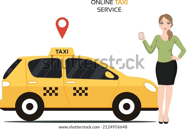 Booking taxi via mobile app. Taxi on the\
background. Vector flat\
illustration.
