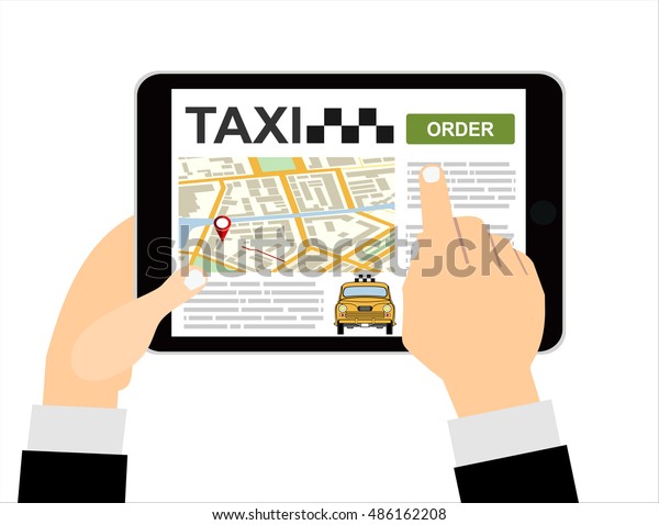 Booking\
taxi via mobile app. Vector flat\
illustration.