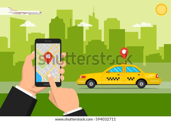 Booking taxi via mobile app.
City skyscrapers and car on the background. Vector flat
illustration.