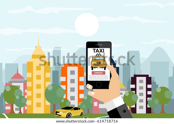 Booking taxi via mobile app.\
City skyscrapers and car on the background. Vector flat\
illustration.