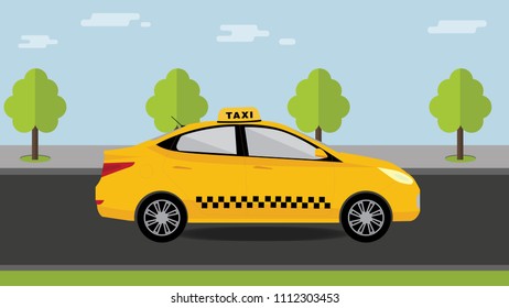 Booking taxi. Yellow cab car rides on  street road, trees  and sidewalk on background. Vector flat illustration. Taxi service concept.