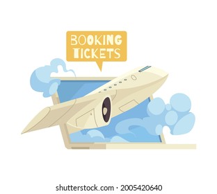 Booking tickets online composition with laptop and flying plane cartoon vector illustration