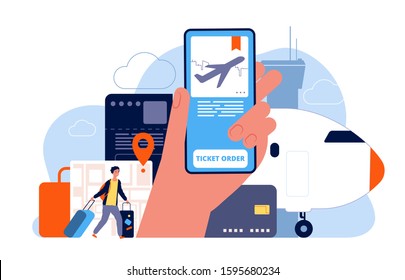 Booking tickets. Plane reservation online ordered flights service vector concept picture