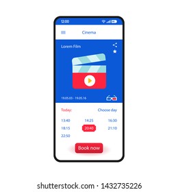 Booking Tickets Smartphone Interface Vector Template. Mobile App Page Blue Design Layout. Cinema Booking Ticket Screen. Flat UI For Movie Theater Application. Buy Film Tickets Online. Phone Display