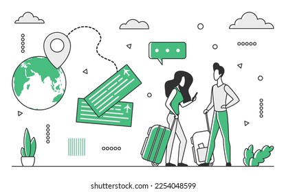 Booking travel flight. Holiday tickets, vacation itinerary, world exploration vector monocolor illustration