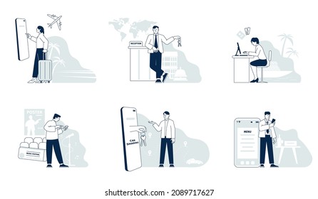 Booking travel. Mobile international agency, travelling office. Flat tourism, car sharing and plane tickets buy. Reservation online recent vector scenes