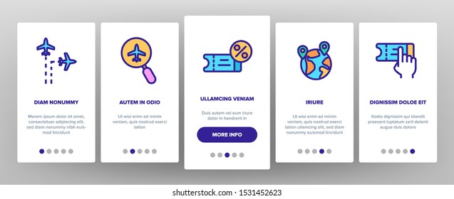 Booking Trip Onboarding Mobile App Page Screen Vector Thin Line. Airplane Direction And Ticket, Suitcase And Badge Booking Details Concept Linear Pictograms. Contour Illustrations