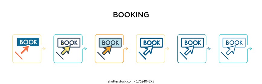 Booking vector icon in 6 different modern styles. Black, two colored booking icons designed in filled, outline, line and stroke style. Vector illustration can be used for web, mobile, ui