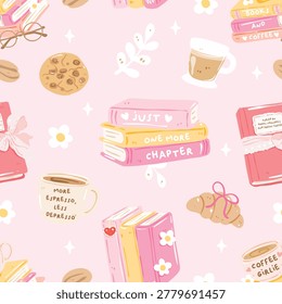 Bookish Coffee Seamless Pattern, Cute Reader Girl Digital Paper, Pink Books and Coffee Repeat Background, Cozy Book Lover Design
