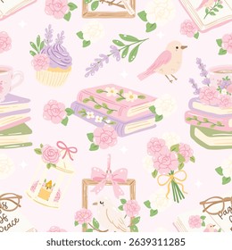 Bookish Garden Pastel Seamless Pattern, Cute Cozy Book Floral Tea Spring Illustration, Pink Cottagecore Digital Background