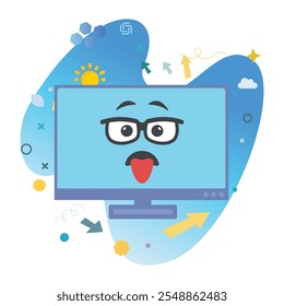 Bookish Nerd Computer Character na tela do monitor do computador - Ilustração perfeita do vetor para desenhos divertidos e alegres | Bookish Nerd Icon Design na tela do monitor do computador