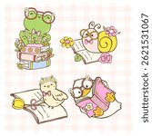 Bookish Spring Animal Reading Cute Cartoon Doodle Illustration with Happy Smile set