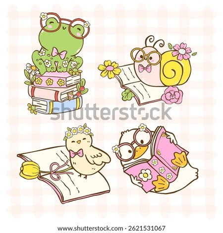 Bookish Spring Animal Reading Cute Cartoon Doodle Illustration with Happy Smile set