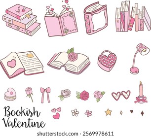 Bookish Valentine Clipart - Cute and whimsical vector graphics featuring books, hearts, and romantic elements for a bookish Valentine's celebration.