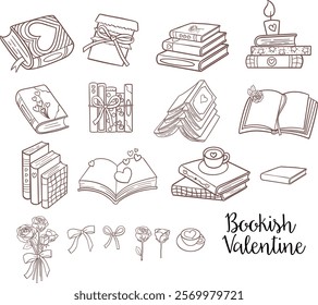 Bookish Valentine Clipart - Cute and whimsical vector graphics featuring books, hearts, and romantic elements for a bookish Valentine's celebration.