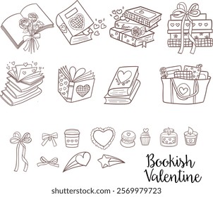 Bookish Valentine Clipart - Cute and whimsical vector graphics featuring books, hearts, and romantic elements for a bookish Valentine's celebration.