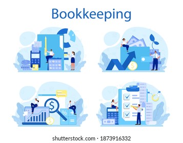 Bookkeeper concept set. Professional accountant office manager. Tax calculating and financial analysis. Business character making financial operation. Vector illustration