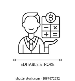 Bookkeeper linear icon. Responsible person for recording all business financial transaction. Thin line customizable illustration. Contour symbol. Vector isolated outline drawing. Editable stroke
