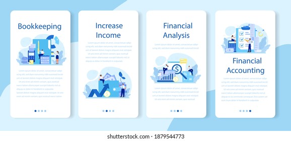 Bookkeeper mobile application banner set. Professional accountant office manager. Tax calculating and financial analysis. Business character making financial operation. Vector illustration