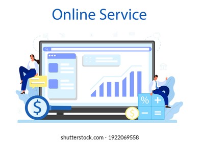 Bookkeeper online service or platform. Professional accountant office manager. Tax calculating and financial analysis. Vector illustration