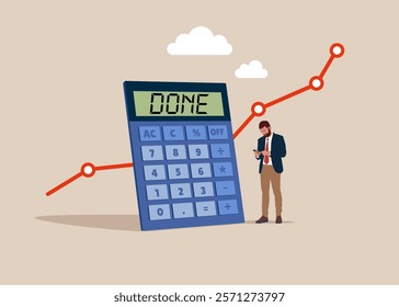 Bookkeeper use count cost savings funds calculator. Financial calculation of money. Tax time. Modern vector illustration in flat style