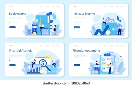 Bookkeeper web banner or landing page set. Professional accountant office manager. Tax calculating and financial analysis. Business character making financial operation. Vector illustration