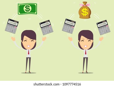 Bookkeeper at work. female accountant or banker making calculations. Savings, finances and economy concept